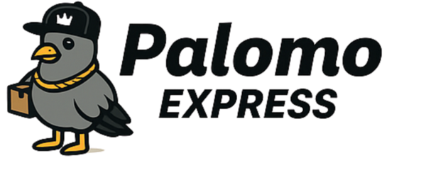 Logo of Palomo Express with a pigeon character wearing a hat and carrying a package.